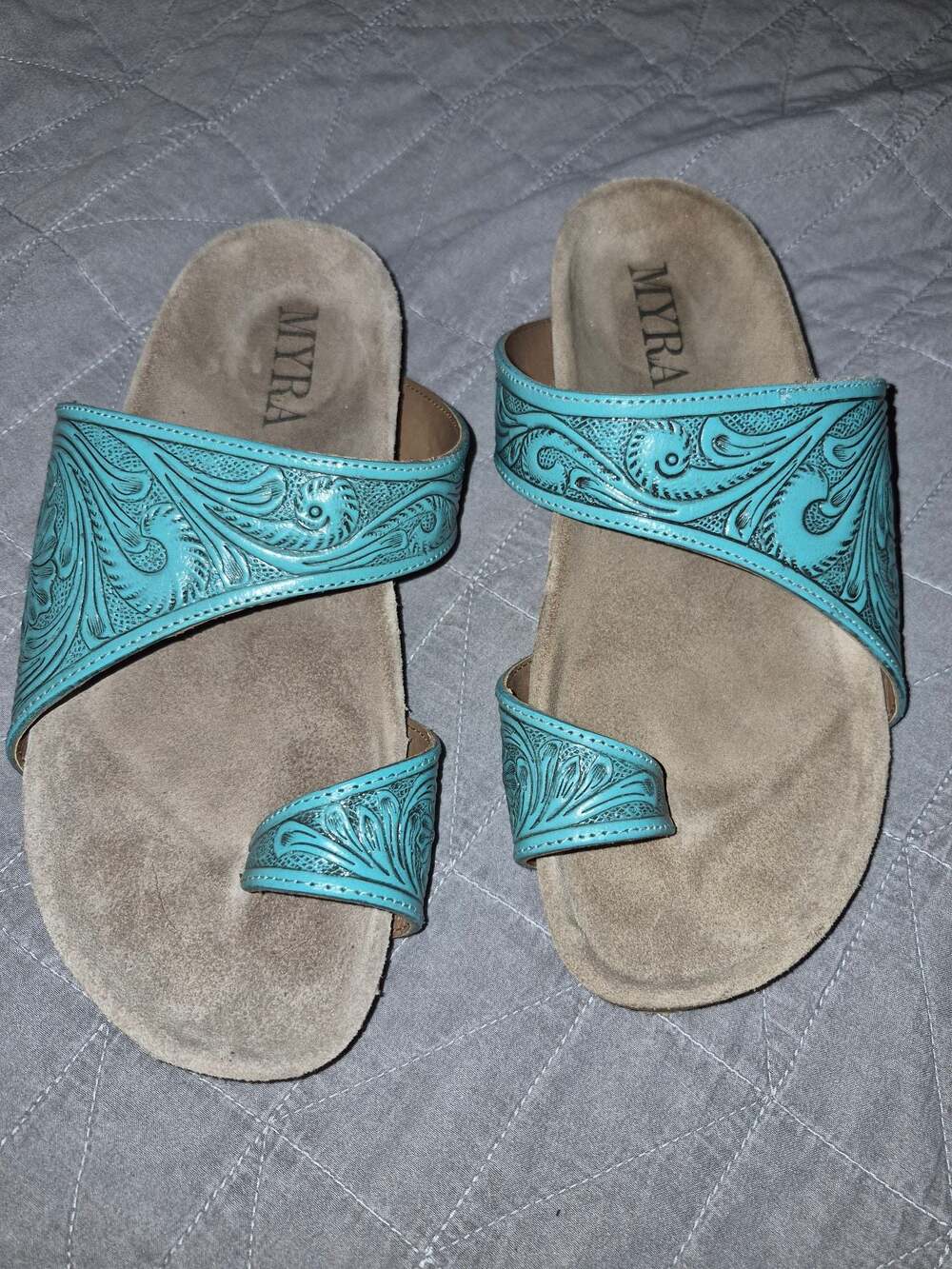 Myra Eastward Winds Embossed Leather Sandals in Turquoise Size 7